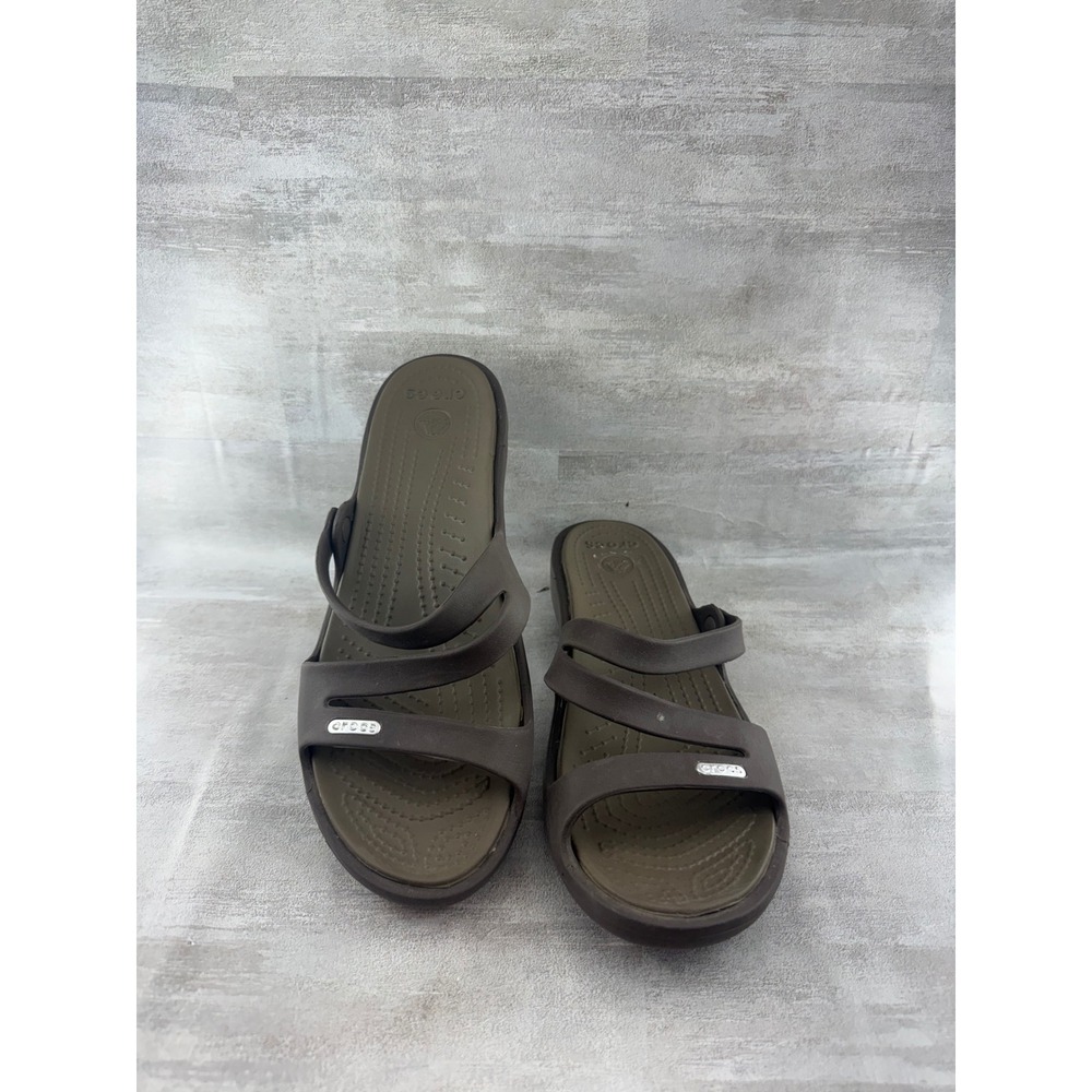 Crocs Patricia Wedge Sandals Women Sz 9 Brown Olive Green Multi Strap Slide